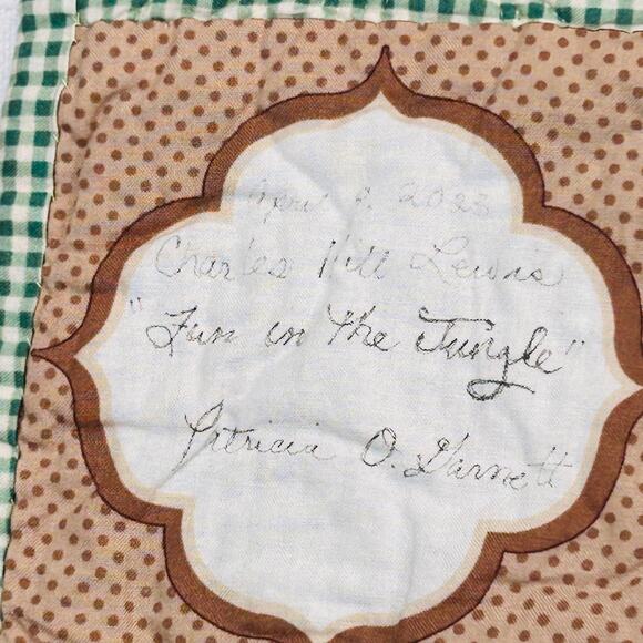 Baby Quilt Jungle Babies Green Brown Yellow 46.5" x 37.5" Green Gingham Backing - Picture 10 of 10